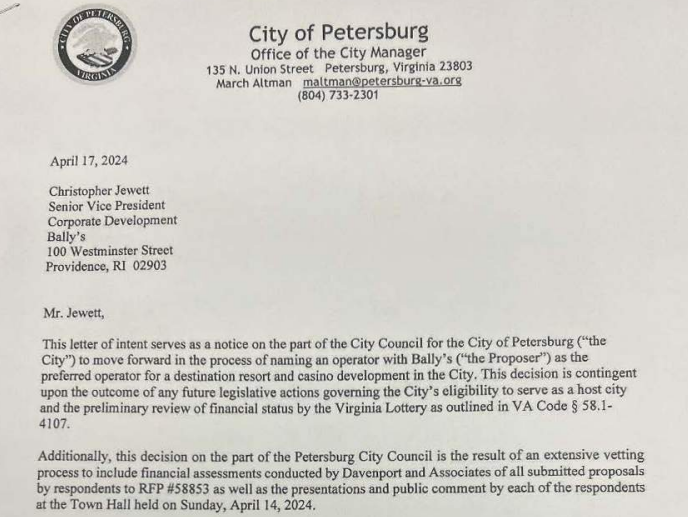 A letter reportedly showing the Petersburg City Council's support for Bally's to develop a casino.