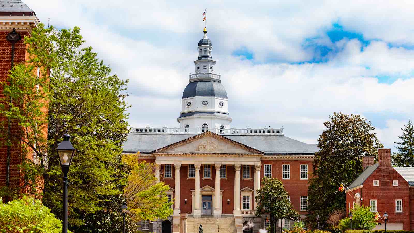 Maryland State House capitol building view from Bladen street at string, Annapolis MA, USA