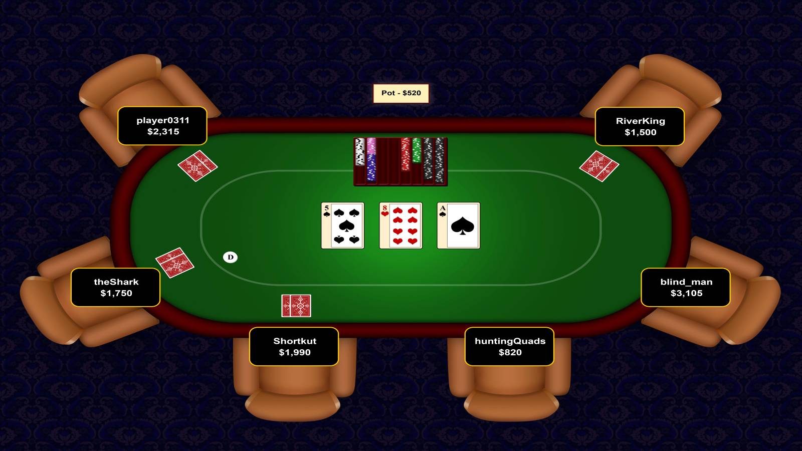 An online Texas Hold'em poker table showing the flop