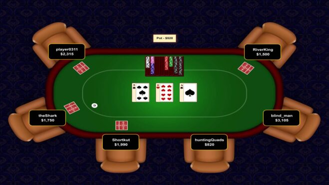 An online Texas Hold'em poker table showing the flop