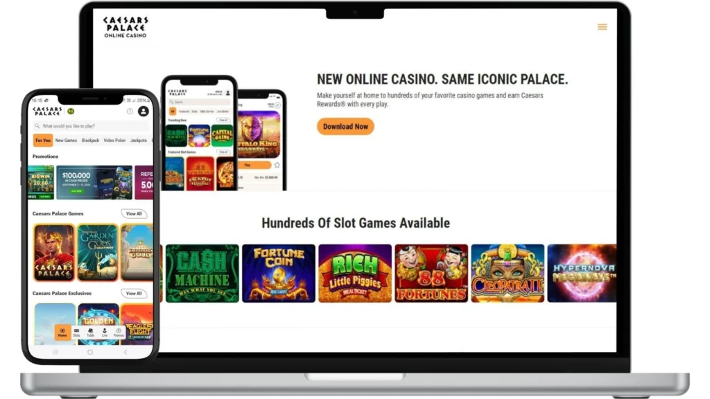 Mockups of Caesars Palace online casino homepage on desktop and smartphone screens.