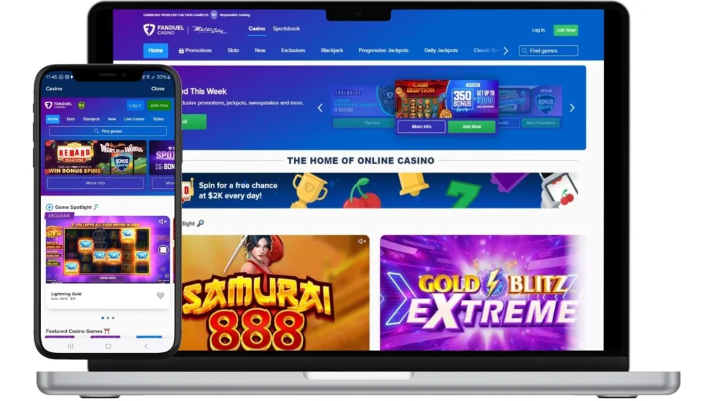 Mockups of Fanduel casino homepage on smartphone and laptop screens.
