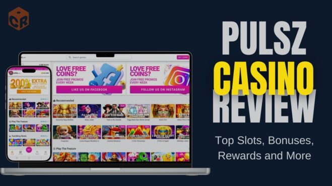 Pulsz Casino review written next to mockups of the homepage on desktop and smartphone screens.