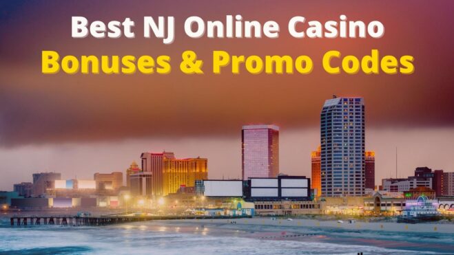 Best NJ online casino bonuses and promo codes, written across an Atlantic City skyline at dusk.