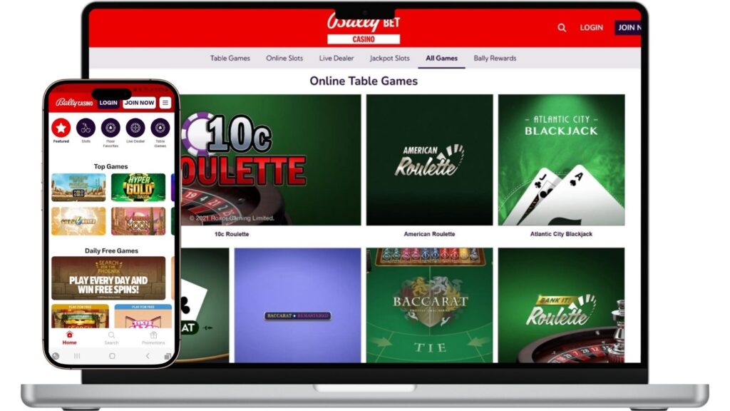Bally bet casino NJ homepage on desktop and mobile mockups.