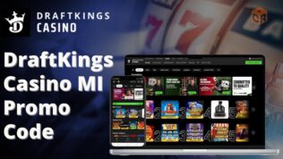 Draftkings casino MI promo code written next to screenshots of the homepage on smartphone and desktop mockups.