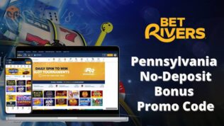BetRivers PA No Deposit Bonus code, written next to screenshots of the homepage on smartphone and desktop.