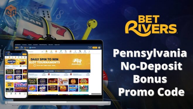 BetRivers PA No Deposit Bonus code, written next to screenshots of the homepage on smartphone and desktop.