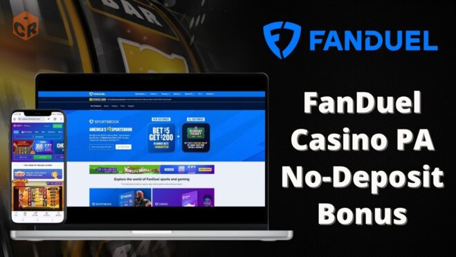FanDuel Casino PA No Deposit Bonus, written beside screenshots of the Fanduel homepage on laptop and smartphone.