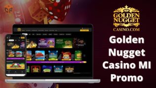 Golden Nugget Casino mi bonus written next to screenshots of the homepage on a laptop and smartphone.