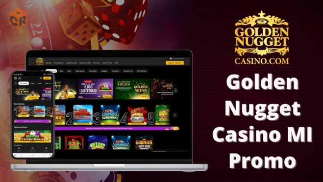 Golden Nugget Casino mi bonus written next to screenshots of the homepage on a laptop and smartphone.