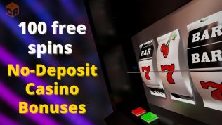 100 free spins no deposit casino bonuses written besides a vector graphic of some slot machine reels.