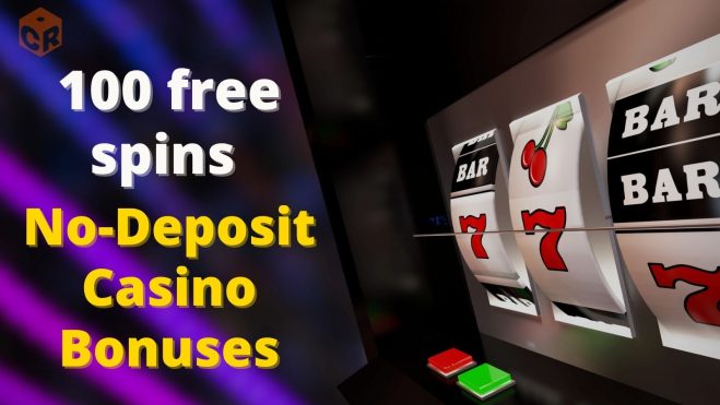 100 free spins no deposit casino bonuses written besides a vector graphic of some slot machine reels.