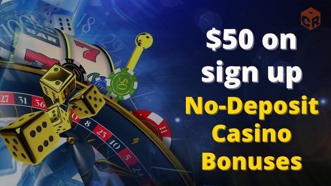 $50 sign up no deposit casino bonuses written beside a vector graphic of exploding casino game equipment.
