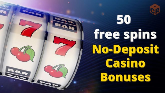 50 free spins no deposit bonus written beside a vector graphic of slot reels.