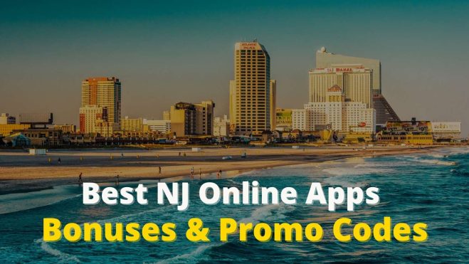Best NJ Casino Apps written beneath a new jersey shoreline and skyline.