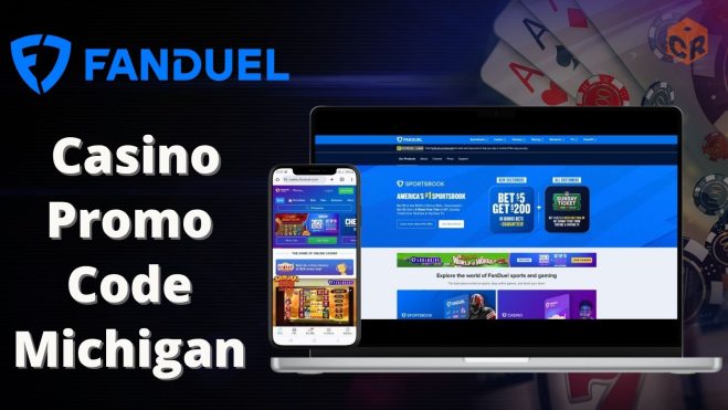 FanDuel Casino Promo Code Michigan, written beside screenshots of the homepage on desktop and mobile.