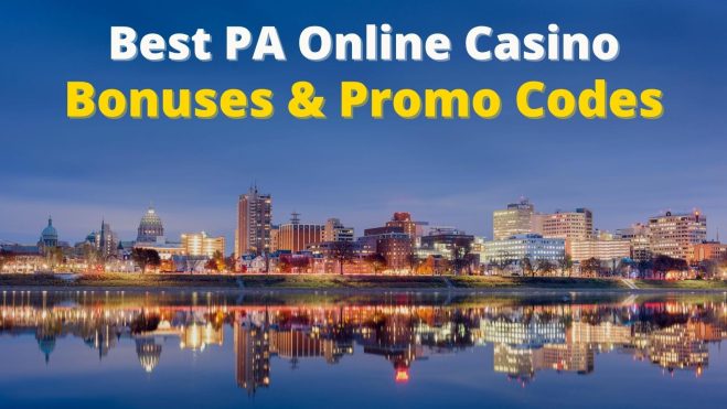 Best PA Online Casino Bonuses & promo codes, written across a photo of the Pennsylvanian skyline at dusk.
