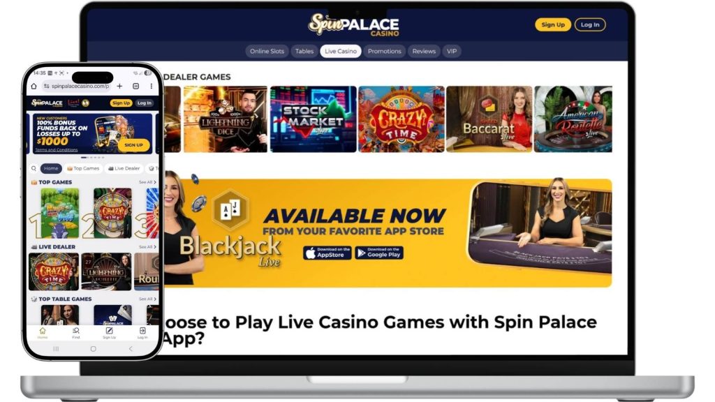 Spin Palace Casino homepage Mockups on desktop and mobile.