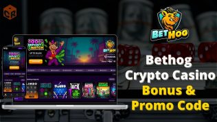 Bethog crypto casino bonus and promo code written beside screenshots of the homepage on desktop and mobile phone.