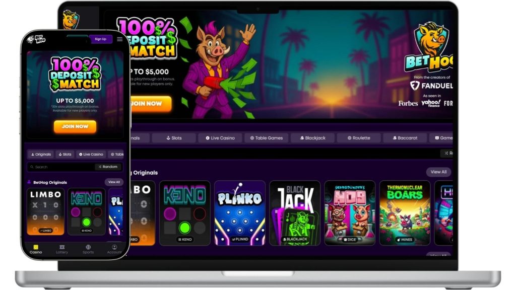Bethog crypto casino homepage mockups on smartphone and desktop.