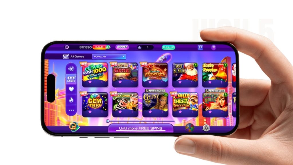 High 5 casino homepage on a smartphone mockup, held in a mans hand, landscape view.