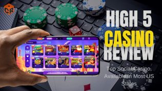 high 5 casino review, written beside a screenshot of the homepage on mobile held in a hand.