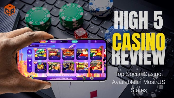 high 5 casino review, written beside a screenshot of the homepage on mobile held in a hand.