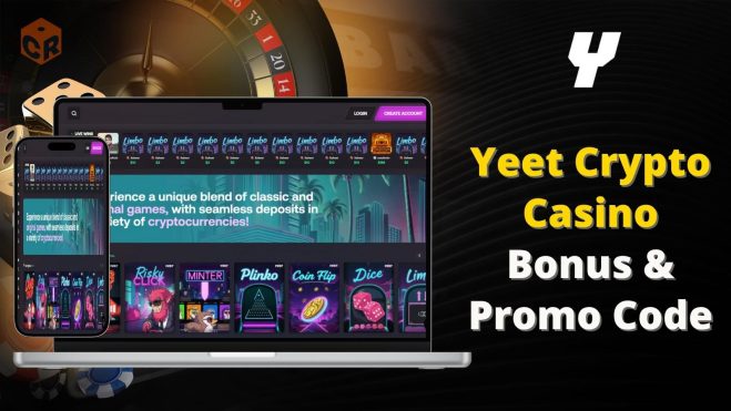 Yeet Crypto Casino Bonus & Promo Code written beside screenshots of the homepage on smartphone and desktop.