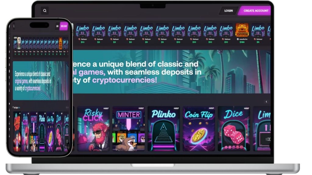 Yeet crypto casino homepage on smartphone and desktop mockups.