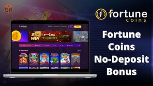 Fortune Coins No Deposit Bonus, written beside a screenshot of the homepage on a laptop mockup.
