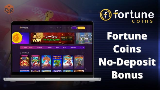 Fortune Coins No Deposit Bonus, written beside a screenshot of the homepage on a laptop mockup.