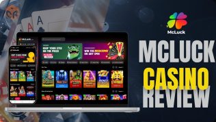 Mcluck casino review, written beside screenshots of the homepage on mobile and laptop.