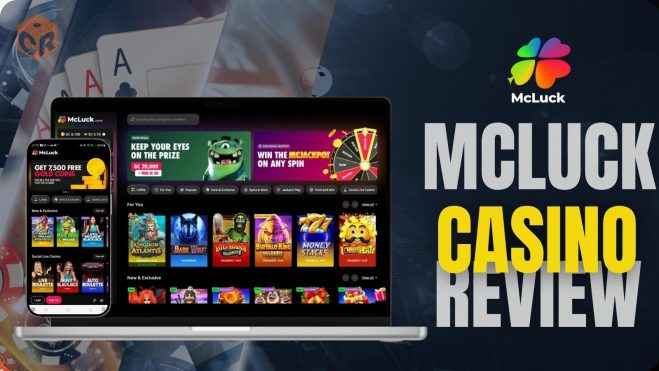 Mcluck casino review, written beside screenshots of the homepage on mobile and laptop.