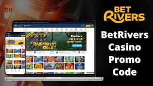Betrivers casino promo code written beside screenshots of the homepage on laptop and smartphone.