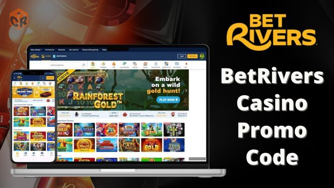 Betrivers casino promo code written beside screenshots of the homepage on laptop and smartphone.