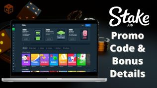 Stake.us promo code and bonus details, written beside a screenshot of the homepage on a laptop.
