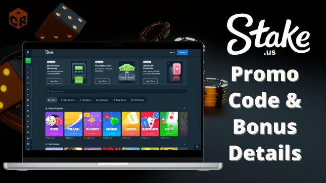 Stake.us promo code and bonus details, written beside a screenshot of the homepage on a laptop.
