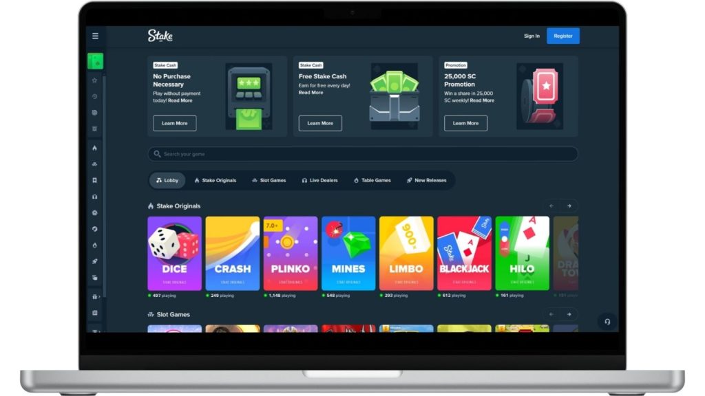 Stake.us casino homepage on a laptop mockup.