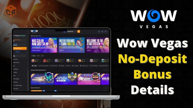 Wow Vegas No Deposit Bonus Details, written beside a screenshot of Wow Vegas homepage on a laptop screen mockup.