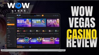 Wow Vegas Casino Review, written beside a screenshot of the homepage on a laptop mockup.