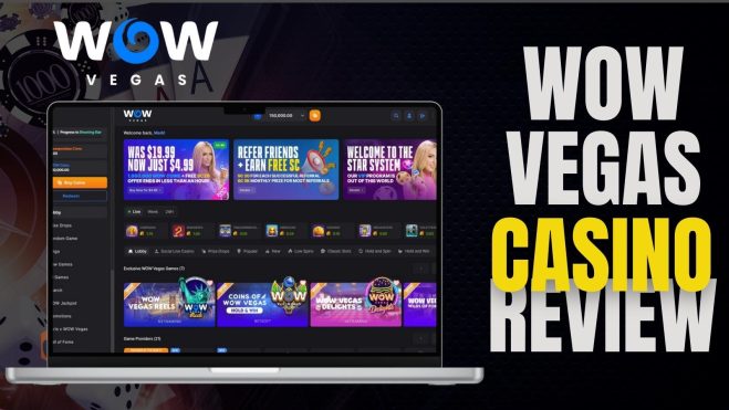 Wow Vegas Casino Review, written beside a screenshot of the homepage on a laptop mockup.