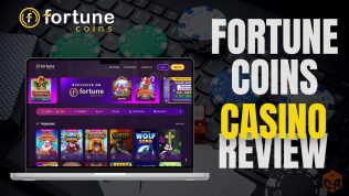 Fortune Coins Casino Review, written beside a screenshot of their homepage on a laptop screen mockup.