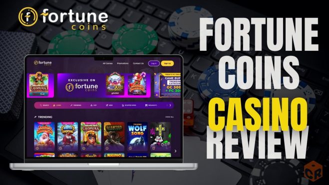 Fortune Coins Casino Review, written beside a screenshot of their homepage on a laptop screen mockup.