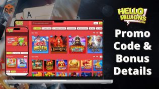 Hello Millions promo code, written beside screenshots of the homepage on laptop and smartphone mockups.