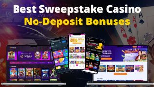 Sweepstake casino no deposit bonuses written above screenshots of five sweeps games providers.