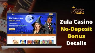 Zula Casino No Deposit Bonus details, written beside a screenshot of the homepage on a laptop mockup.