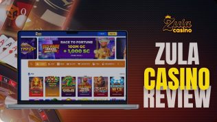 zula casino review written beside a screenshot of the homepage on a laptop mockup.