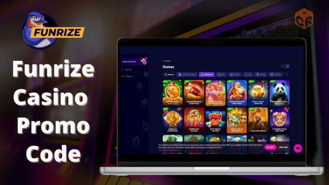 Funrize casino promo code written beside a screenshot of the homepage on a laptop mockup.