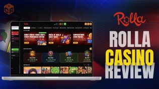 Rolla Casino review, written beside a screenshot of the homepage on a laptop mockup.